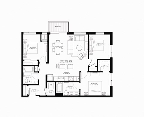 Floor plan for 3 beds, 3 baths, 1265 sqft